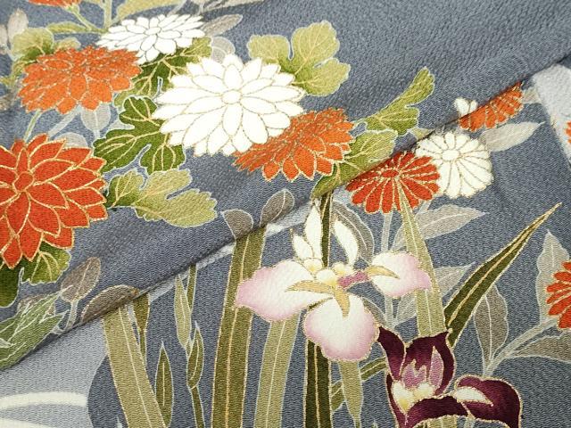 平和屋着物●訪問着　駒刺繍　流水草花文　金彩　鬼しぼ縮緬　正絹　逸品　DABG2329ud
