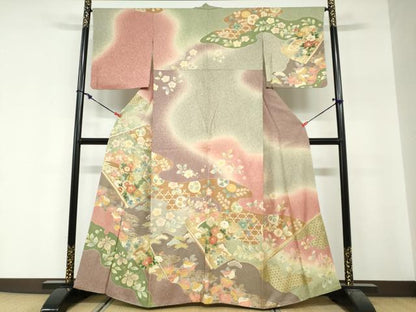 平和屋着物●訪問着　駒刺繍　吉祥草花文　暈し染め　金彩　正絹　逸品　DABG2336ud