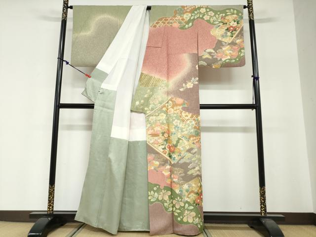 平和屋着物●訪問着　駒刺繍　吉祥草花文　暈し染め　金彩　正絹　逸品　DABG2336ud