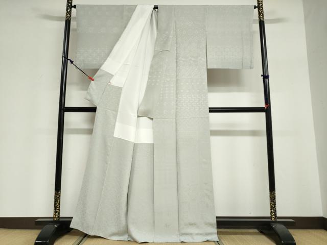 平和屋着物●上質な色無地　横段吉祥花地紋　灰青色　正絹　逸品　DABG2345ud