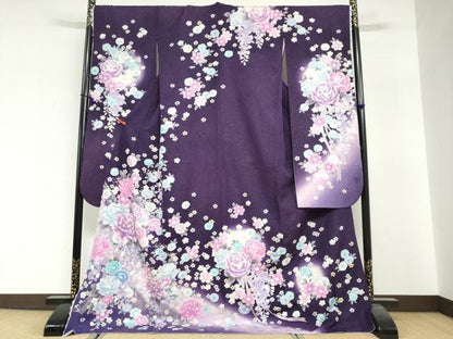 平和屋着物●豪華振袖　ラインストーン　草花文　暈し染め　銀彩　銀通し地　正絹　逸品　DABG2348ud