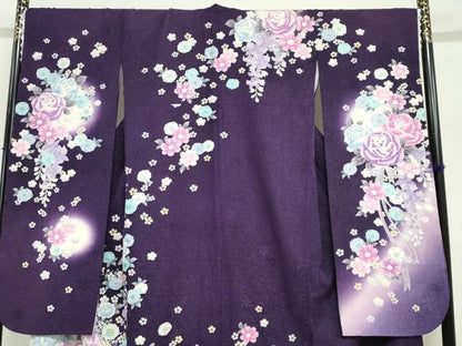 平和屋着物●豪華振袖　ラインストーン　草花文　暈し染め　銀彩　銀通し地　正絹　逸品　DABG2348ud