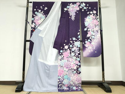 平和屋着物●豪華振袖　ラインストーン　草花文　暈し染め　銀彩　銀通し地　正絹　逸品　DABG2348ud