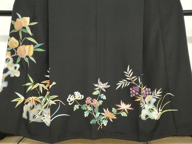 平和屋着物●染刺工芸　大羊居　東京友禅　黒留袖　駒刺繍　草花文　金彩　正絹　逸品　DABG2349ud