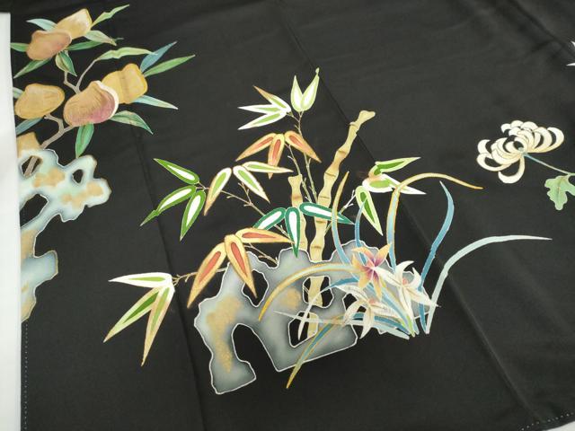 平和屋着物●染刺工芸　大羊居　東京友禅　黒留袖　駒刺繍　草花文　金彩　正絹　逸品　DABG2349ud