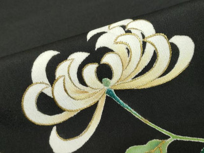 平和屋着物●染刺工芸　大羊居　東京友禅　黒留袖　駒刺繍　草花文　金彩　正絹　逸品　DABG2349ud