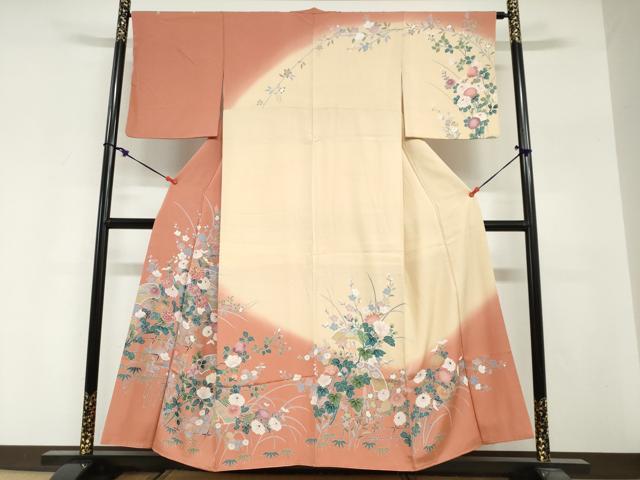 平和屋着物●訪問着　駒刺繍　地紙草花文　暈し染め　正絹　逸品　DABG2359ud