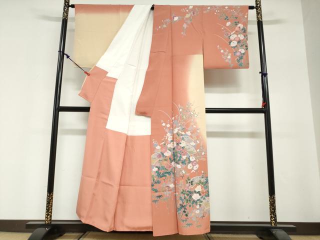 平和屋着物●訪問着　駒刺繍　地紙草花文　暈し染め　正絹　逸品　DABG2359ud