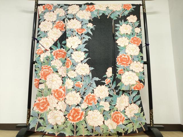 平和屋着物●名門　藤娘きぬたや・総絞り(杢目絞り)　振袖　総絞り　草花文　黒地　正絹　逸品　DABG2381ud