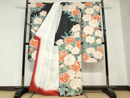 平和屋着物●名門　藤娘きぬたや・総絞り(杢目絞り)　振袖　総絞り　草花文　黒地　正絹　逸品　DABG2381ud