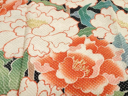 平和屋着物●名門　藤娘きぬたや・総絞り(杢目絞り)　振袖　総絞り　草花文　黒地　正絹　逸品　DABG2381ud