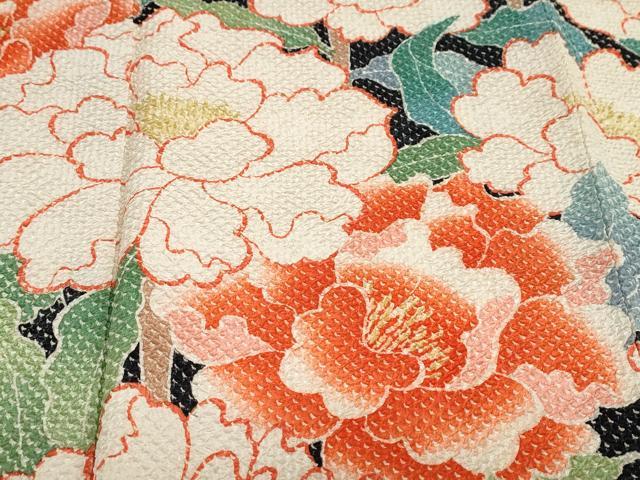 平和屋着物●名門　藤娘きぬたや・総絞り(杢目絞り)　振袖　総絞り　草花文　黒地　正絹　逸品　DABG2381ud