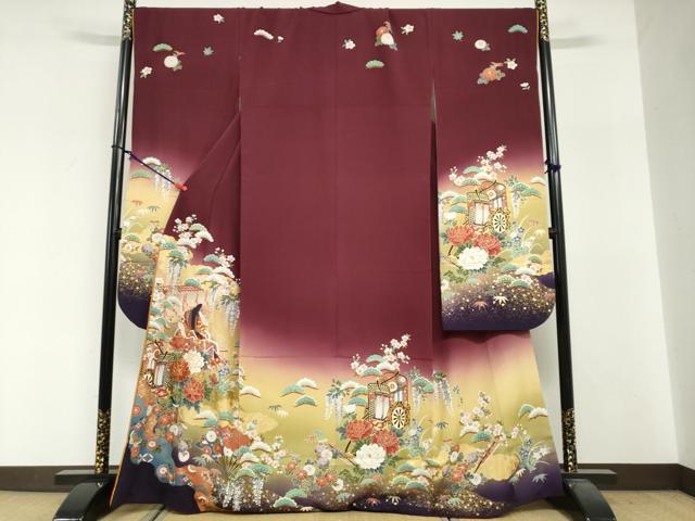 平和屋着物●豪華振袖　駒刺繍　女人御所車草花文　暈し染め　金彩　正絹　逸品　DABG2388ud