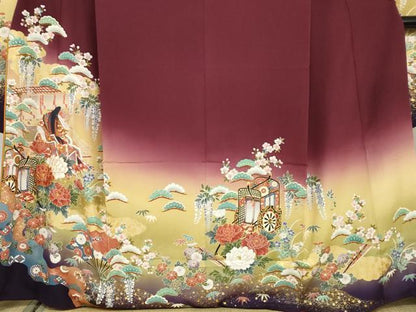 平和屋着物●豪華振袖　駒刺繍　女人御所車草花文　暈し染め　金彩　正絹　逸品　DABG2388ud