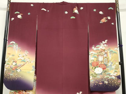 平和屋着物●豪華振袖　駒刺繍　女人御所車草花文　暈し染め　金彩　正絹　逸品　DABG2388ud