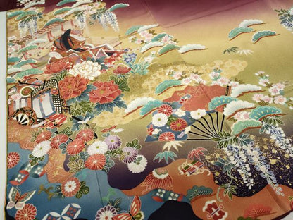 平和屋着物●豪華振袖　駒刺繍　女人御所車草花文　暈し染め　金彩　正絹　逸品　DABG2388ud