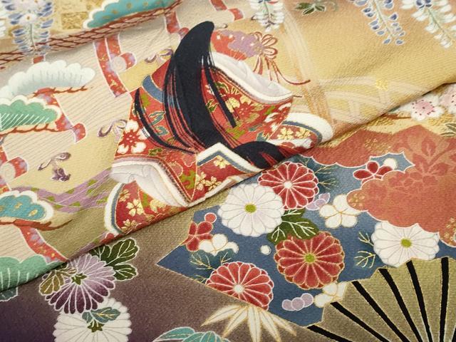 平和屋着物●豪華振袖　駒刺繍　女人御所車草花文　暈し染め　金彩　正絹　逸品　DABG2388ud