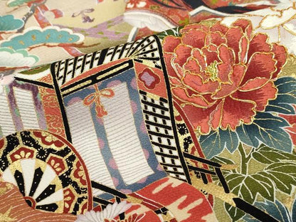 平和屋着物●豪華振袖　駒刺繍　女人御所車草花文　暈し染め　金彩　正絹　逸品　DABG2388ud
