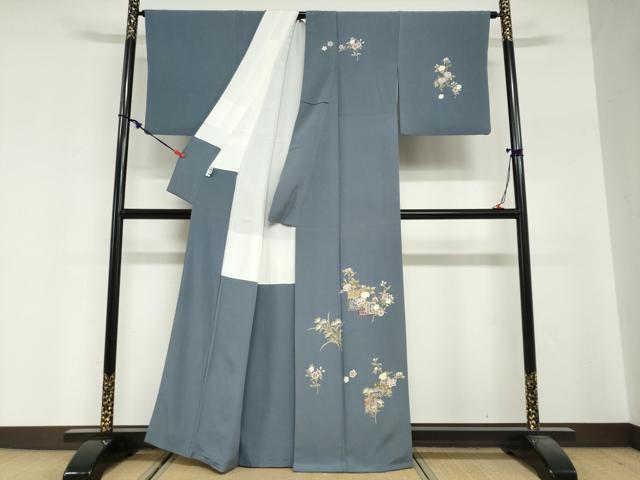 平和屋着物●本加賀友禅作家　金丸修一　訪問着　色紙重ね草花文　反端付き　正絹　逸品　DABG2389ud