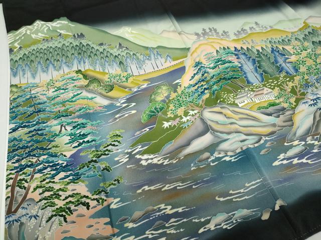 平和屋着物●京加賀友禅　松本健一　黒留袖　遠山流水風景草文　暈し染め　正絹　逸品　DABG2401ud