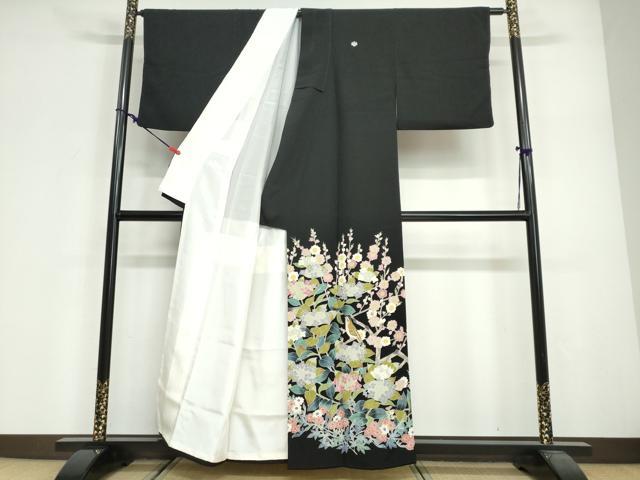 平和屋着物●豪華黒留袖　友禅　花鳥文　正絹　逸品　DABG2408ud