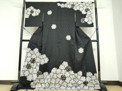 平和屋着物●訪問着　絞り　刺繍　雪輪草花籬文　黒地　金糸　正絹　逸品　未使用　DABG2412ud