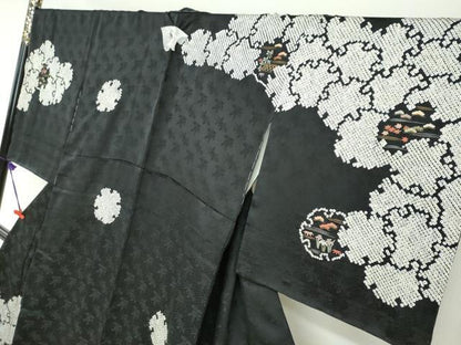 平和屋着物●訪問着　絞り　刺繍　雪輪草花籬文　黒地　金糸　正絹　逸品　未使用　DABG2412ud