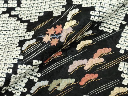 平和屋着物●訪問着　絞り　刺繍　雪輪草花籬文　黒地　金糸　正絹　逸品　未使用　DABG2412ud