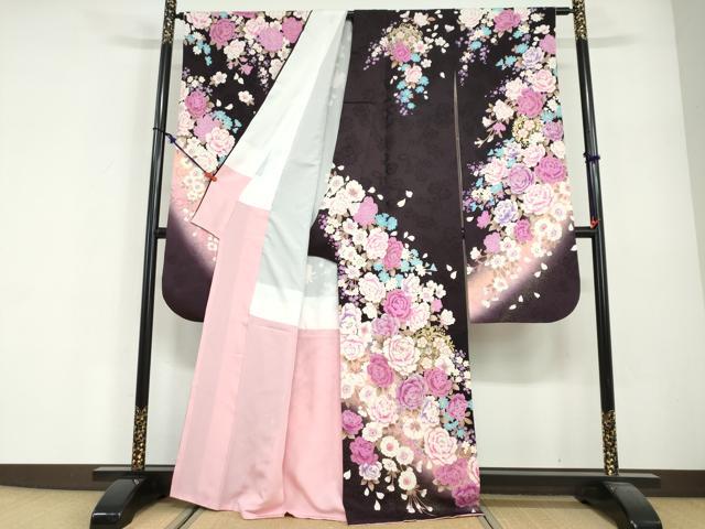平和屋着物●豪華振袖　ラインストーン　草花文　暈し染め　金銀彩　正絹　逸品　DABG2427ud