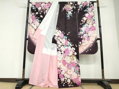 平和屋着物●豪華振袖　ラインストーン　草花文　暈し染め　金銀彩　正絹　逸品　DABG2429ud