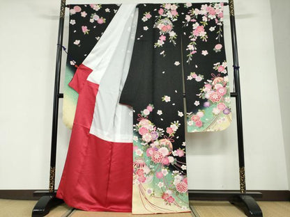 平和屋着物●豪華振袖　手毬草花文　暈し染め　黒地　金通し地　正絹　逸品　DABG2431ud
