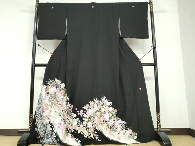 平和屋着物●ブライダルファッションデザイナー・桂由美　黒留袖　草花文　暈し染め　金銀彩　正絹　逸品　DABG2445ud