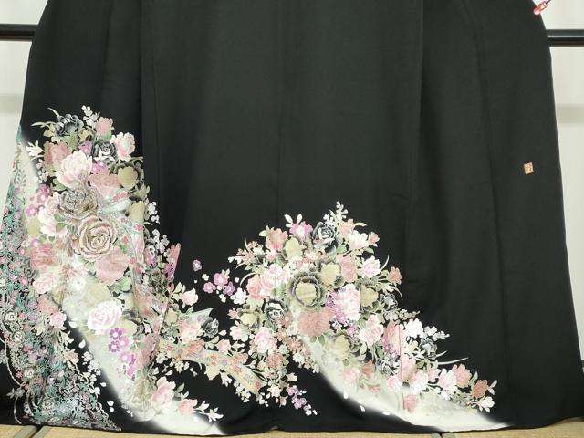 平和屋着物●ブライダルファッションデザイナー・桂由美　黒留袖　草花文　暈し染め　金銀彩　正絹　逸品　DABG2445ud