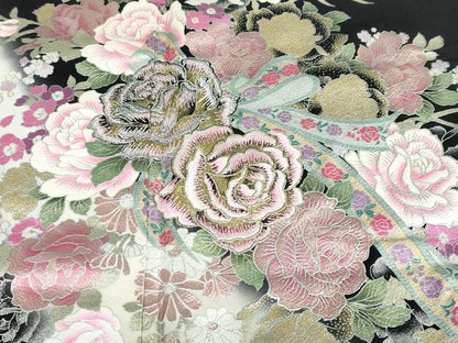 平和屋着物●ブライダルファッションデザイナー・桂由美　黒留袖　草花文　暈し染め　金銀彩　正絹　逸品　DABG2445ud
