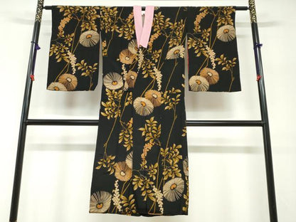 平和屋着物●アンティーク　大正ロマン　長襦袢　袷　草花文　黒地　正絹　逸品　DABG2455ud