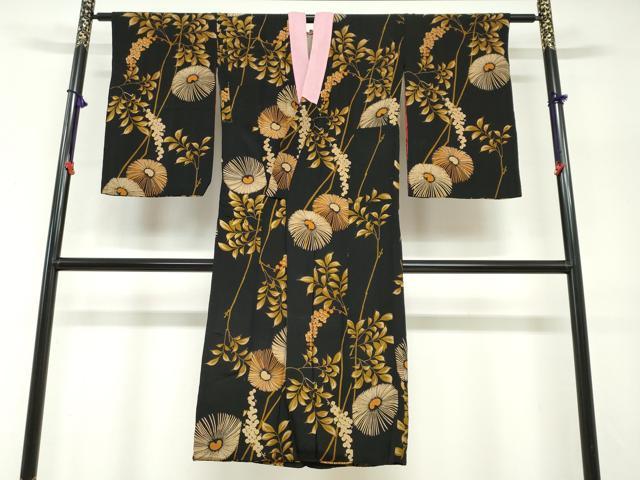 平和屋着物●アンティーク　大正ロマン　長襦袢　袷　草花文　黒地　正絹　逸品　DABG2455ud