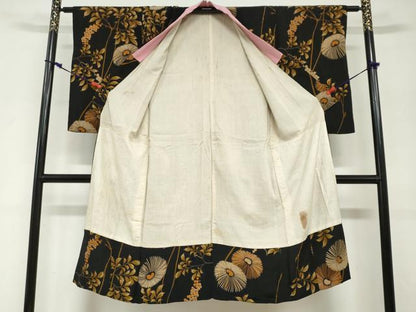 平和屋着物●アンティーク　大正ロマン　長襦袢　袷　草花文　黒地　正絹　逸品　DABG2455ud