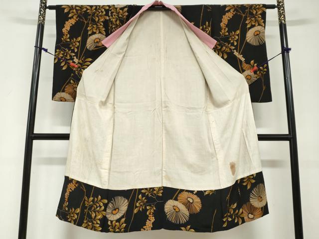 平和屋着物●アンティーク　大正ロマン　長襦袢　袷　草花文　黒地　正絹　逸品　DABG2455ud