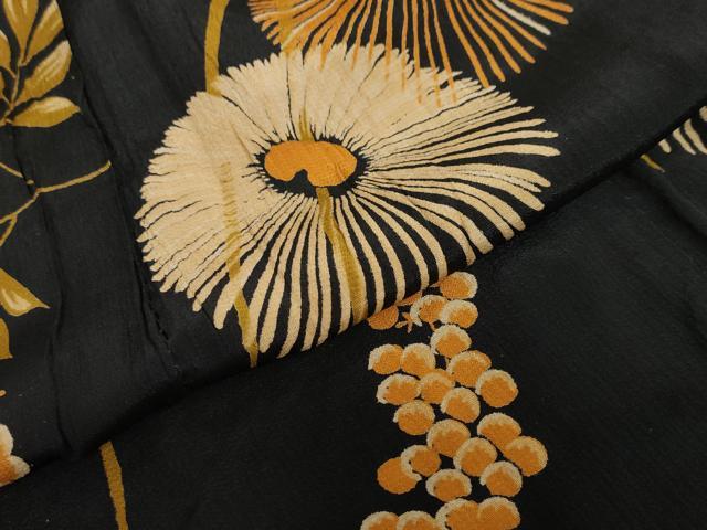 平和屋着物●アンティーク　大正ロマン　長襦袢　袷　草花文　黒地　正絹　逸品　DABG2455ud