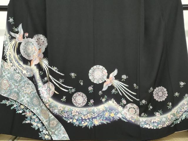平和屋着物●豪華黒留袖　駒刺繍　正倉院鳳凰花文　暈し染め　金銀彩　正絹　逸品　DABG2470ud