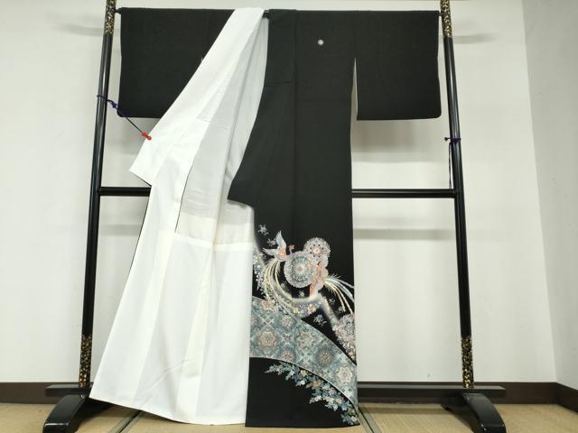 平和屋着物●豪華黒留袖　駒刺繍　正倉院鳳凰花文　暈し染め　金銀彩　正絹　逸品　DABG2470ud