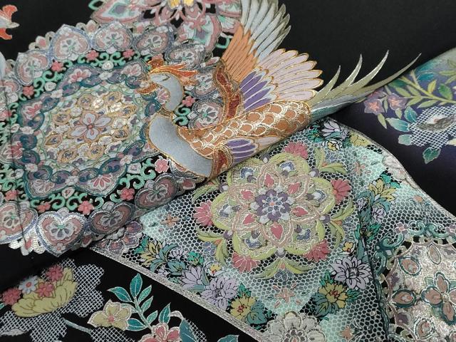 平和屋着物●豪華黒留袖　駒刺繍　正倉院鳳凰花文　暈し染め　金銀彩　正絹　逸品　DABG2470ud