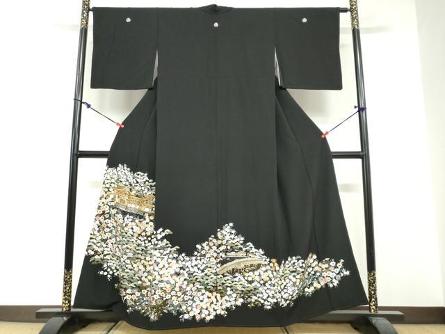 平和屋着物●豪華黒留袖　総刺繍　風景草花文　金糸　正絹　逸品　DABG2472ud