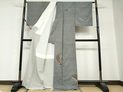 平和屋着物●訪問着　紬地　総刺繍　小枝文　金糸　正絹　逸品　未使用　DABG2477ud