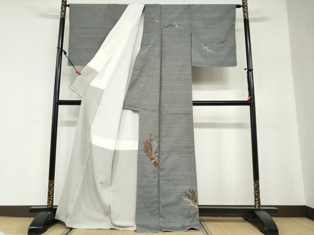 平和屋着物●訪問着　紬地　総刺繍　小枝文　金糸　正絹　逸品　未使用　DABG2477ud