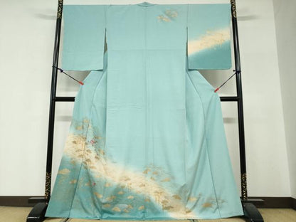 平和屋着物●訪問着　刺繍　流水草花文　暈し染め　金銀彩　正絹　逸品　未使用　DABG2490ud