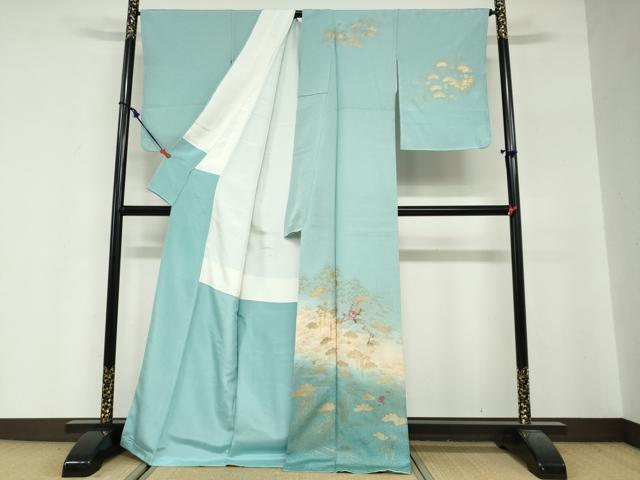 平和屋着物●訪問着　刺繍　流水草花文　暈し染め　金銀彩　正絹　逸品　未使用　DABG2490ud