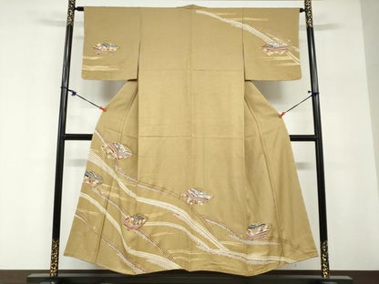 平和屋着物●訪問着　駒刺繍　地紙鹿の子草花文　金彩　正絹　逸品　未使用　DABG2492ud