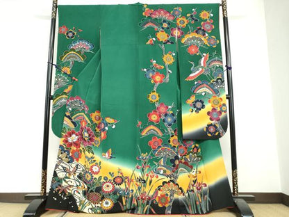 平和屋着物●豪華振袖　型染め　流水花蝶文　暈し染め　正絹　逸品　DABG2513ud