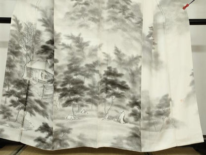 平和屋着物●友禅　寺島玲聲　訪問着　手描き　風景樹林文　正絹　逸品　DABG2514ud